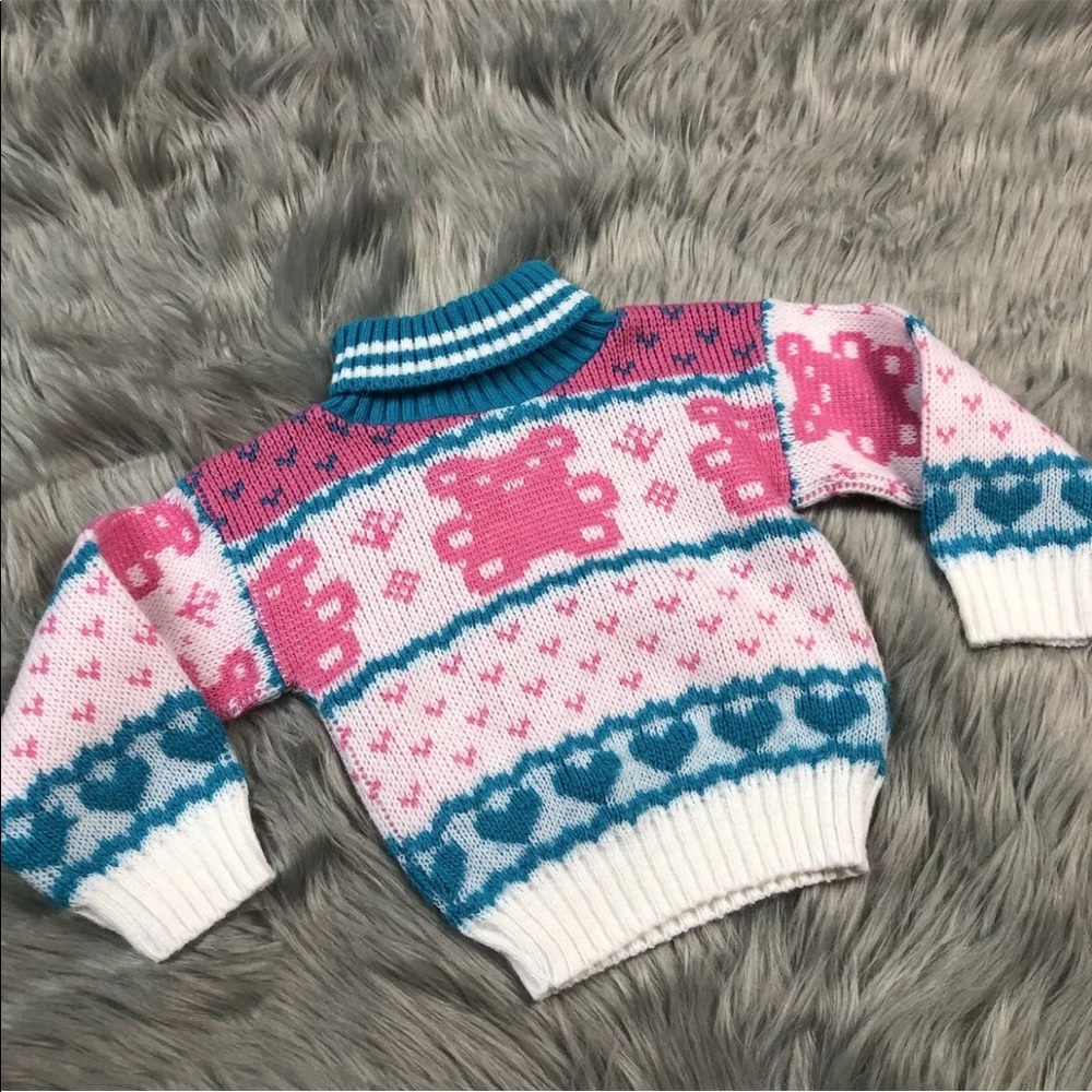 Vintage Park Bench Kids Blue Pink White Heart Bear Turtleneck Sweater